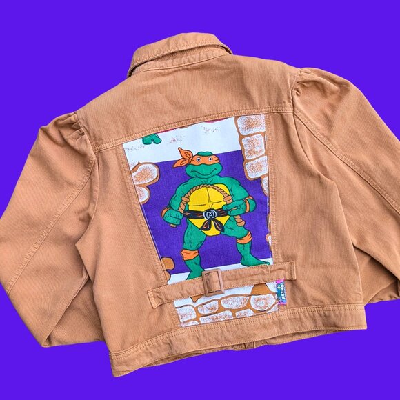 Handmade, Upcycled Teenage Mutant Ninja Turtles Brown Denim Jacket Size M - Picture 1 of 4